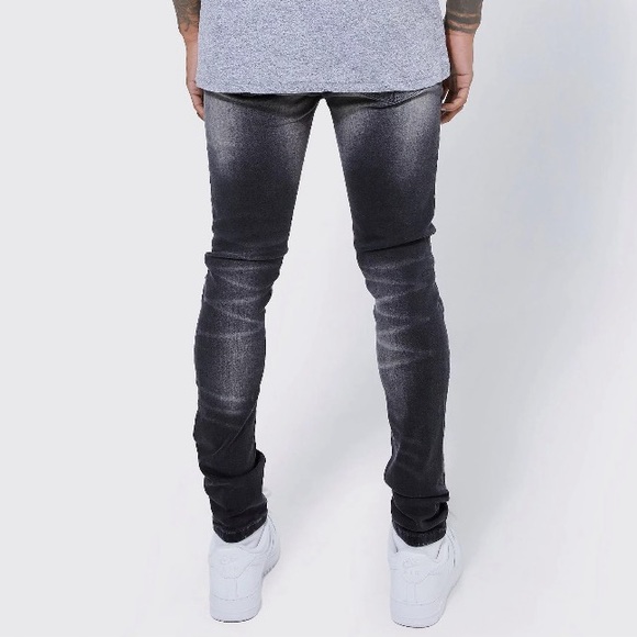 BOOHOO MAN SKINNY STRETCH RIP & REPAIR SELF FABRIC DENIM JEANS IN GREY 32 x 32” - Picture 9 of 14